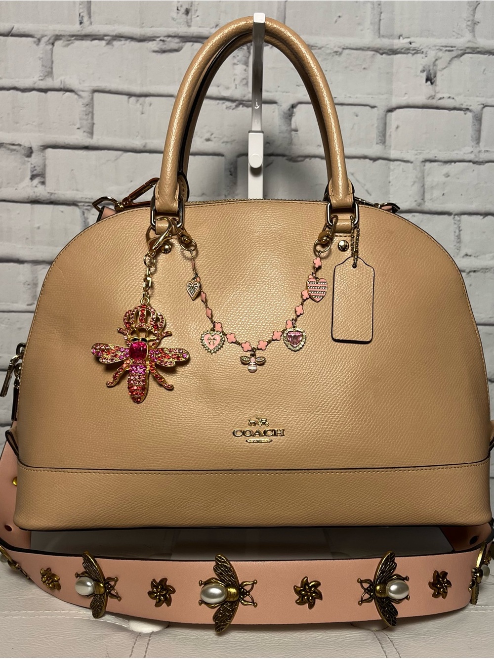 COACH Tan Pebbled Leather Dome Satchel with Blush Pink Leather Charm Strap